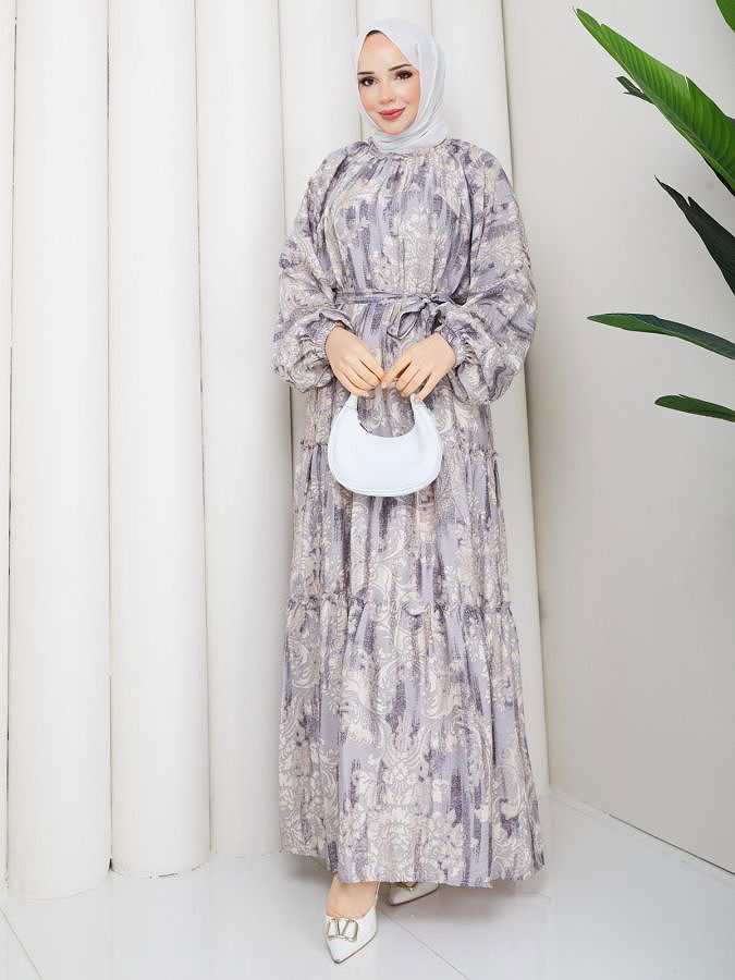 Desenli Kloş Kat Kat Elbise-5150 Gri