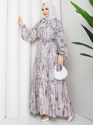 Modaebva - Desenli Kloş Kat Kat Elbise-5150 Gri