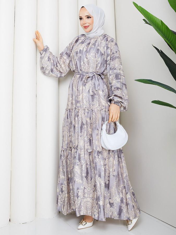 Desenli Kloş Kat Kat Elbise-5150 Gri