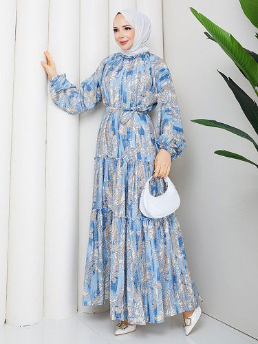 Modaebva - Desenli Kloş Kat Kat Elbise-5150 Mavi