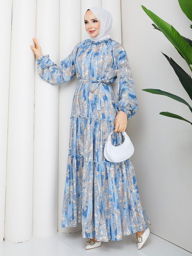 Desenli Kloş Kat Kat Elbise-5150 Mavi