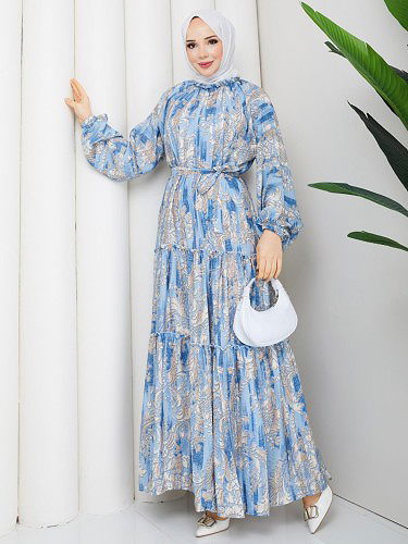 Desenli Kloş Kat Kat Elbise-5150 Mavi - Thumbnail