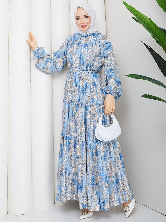 Desenli Kloş Kat Kat Elbise-5150 Mavi