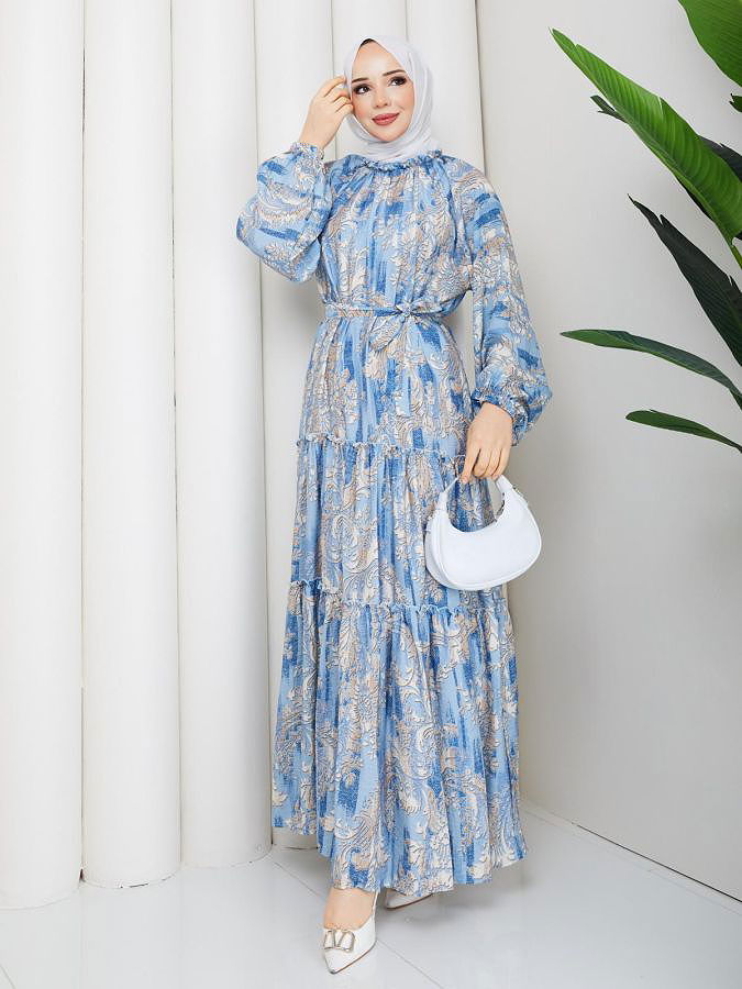 Desenli Kloş Kat Kat Elbise-5150 Mavi