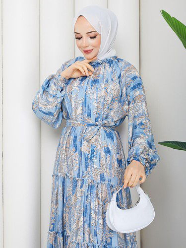 Desenli Kloş Kat Kat Elbise-5150 Mavi - Thumbnail