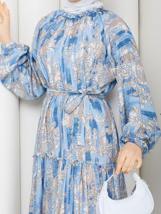 Desenli Kloş Kat Kat Elbise-5150 Mavi