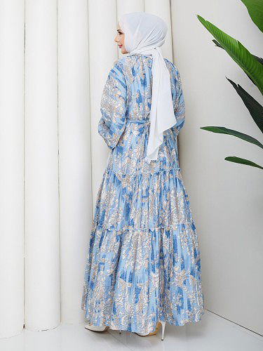 Desenli Kloş Kat Kat Elbise-5150 Mavi - Thumbnail