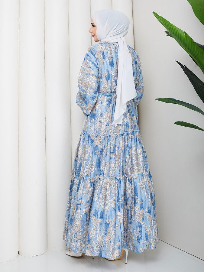 Desenli Kloş Kat Kat Elbise-5150 Mavi