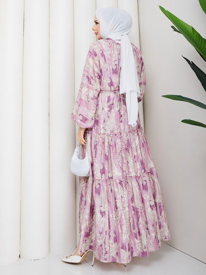 Desenli Kloş Kat Kat Elbise-5150 Mor