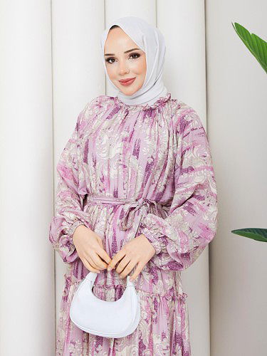 Desenli Kloş Kat Kat Elbise-5150 Mor - Thumbnail