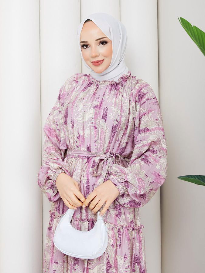Desenli Kloş Kat Kat Elbise-5150 Mor