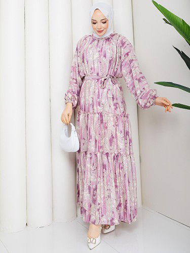 Desenli Kloş Kat Kat Elbise-5150 Mor - Thumbnail