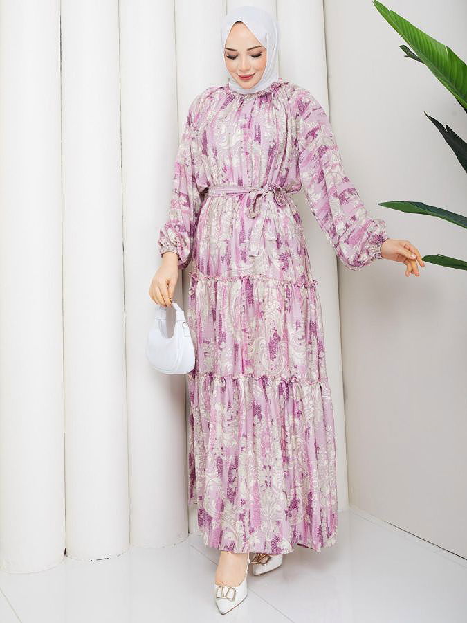 Desenli Kloş Kat Kat Elbise-5150 Mor