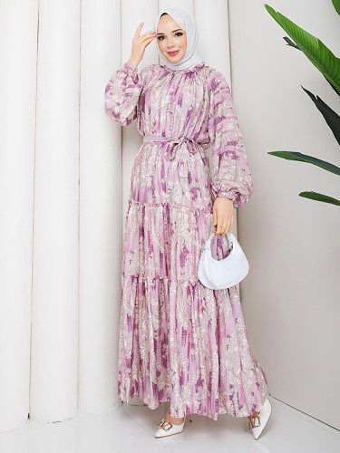Modaebva - Desenli Kloş Kat Kat Elbise-5150 Mor