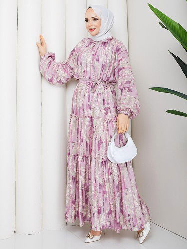 Desenli Kloş Kat Kat Elbise-5150 Mor - Thumbnail