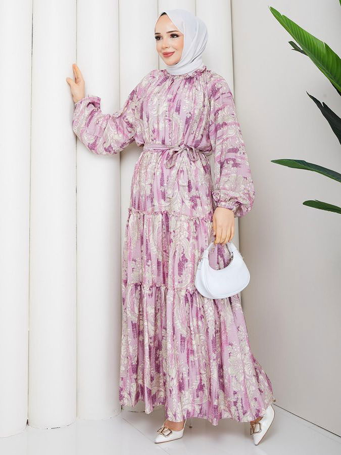 Desenli Kloş Kat Kat Elbise-5150 Mor