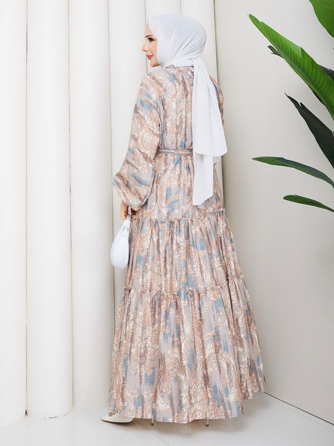 Desenli Kloş Kat Kat Elbise-5150 Vizon