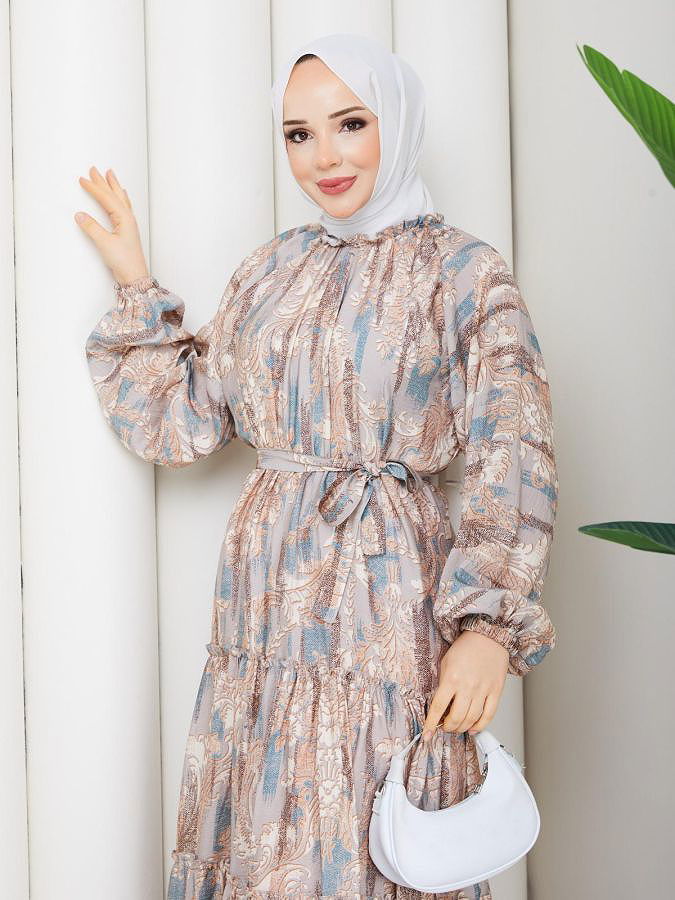 Desenli Kloş Kat Kat Elbise-5150 Vizon