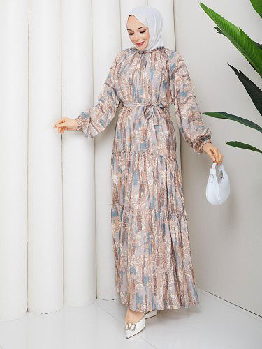 Desenli Kloş Kat Kat Elbise-5150 Vizon - Thumbnail