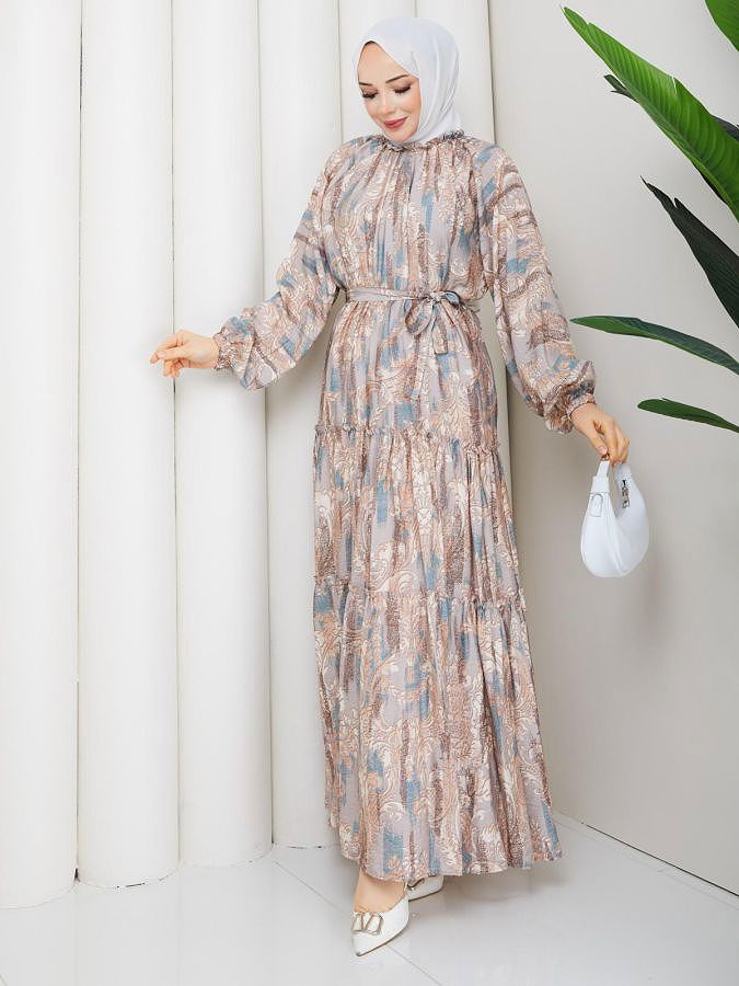 Desenli Kloş Kat Kat Elbise-5150 Vizon