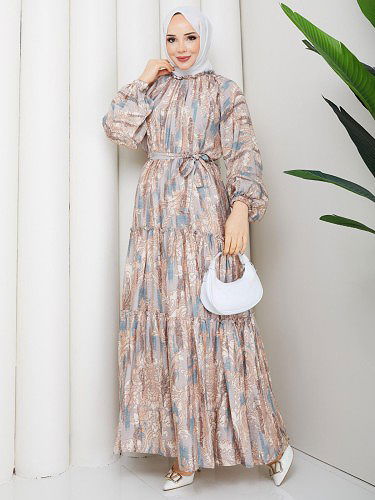 Desenli Kloş Kat Kat Elbise-5150 Vizon - Thumbnail