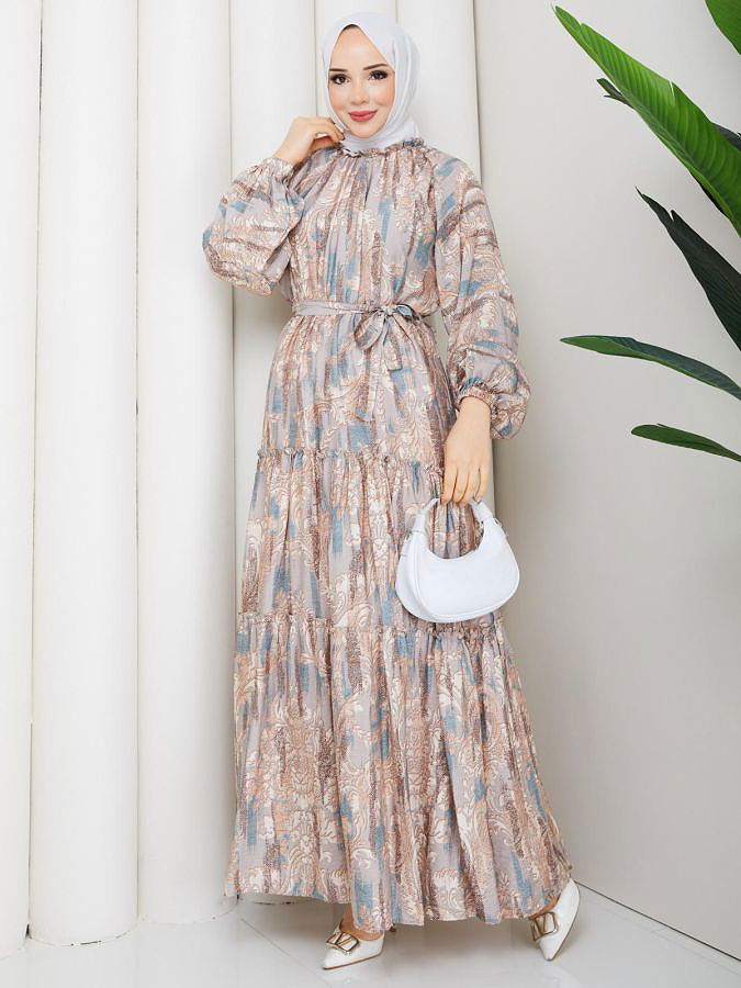 Desenli Kloş Kat Kat Elbise-5150 Vizon