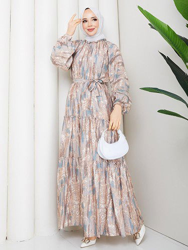 Desenli Kloş Kat Kat Elbise-5150 Vizon - Thumbnail