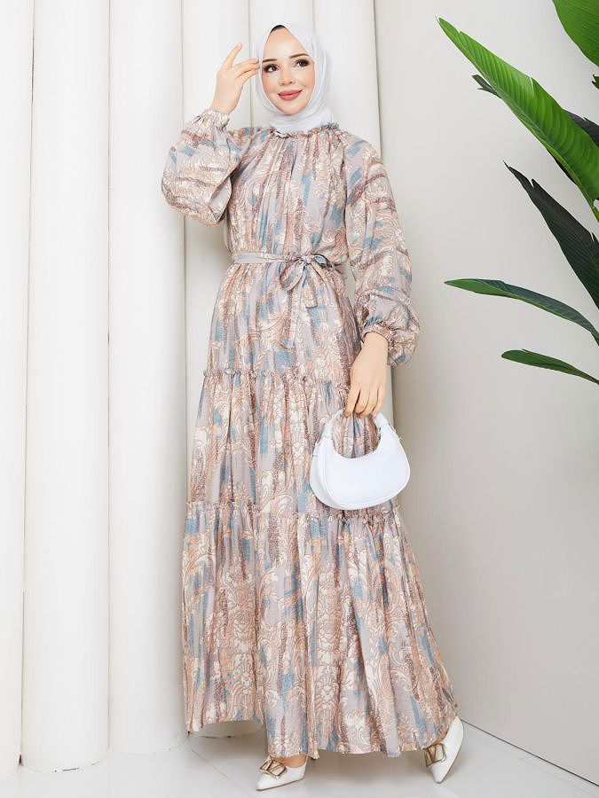 Desenli Kloş Kat Kat Elbise-5150 Vizon