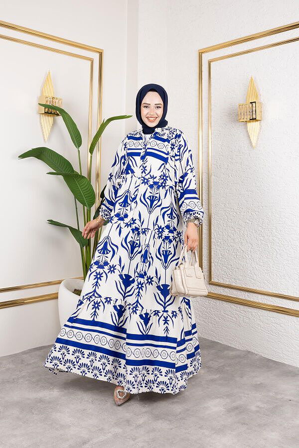 Desenli Tesettür Elbise-3038 Mavi
