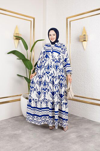 Desenli Tesettür Elbise-3038 Mavi - Thumbnail