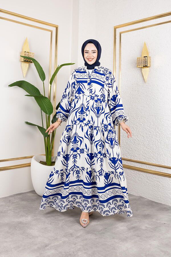 Desenli Tesettür Elbise-3038 Mavi