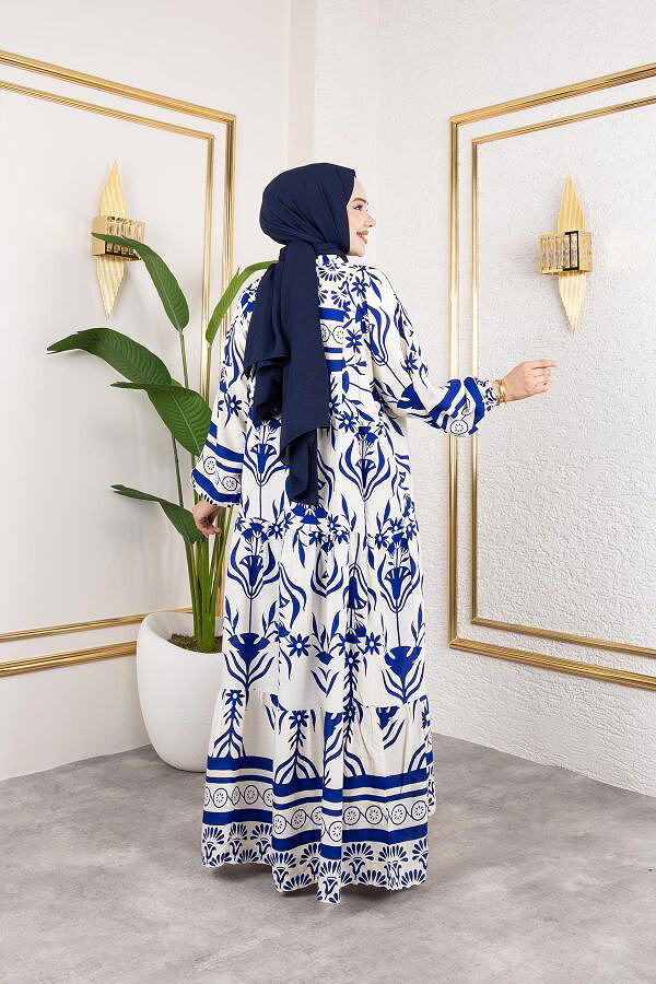 Desenli Tesettür Elbise-3038 Mavi