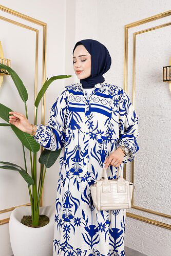 Desenli Tesettür Elbise-3038 Mavi - Thumbnail