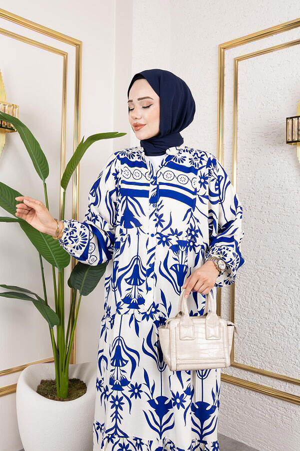 Desenli Tesettür Elbise-3038 Mavi