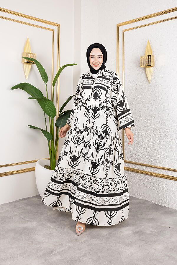 Desenli Tesettür Elbise-3038 Siyah