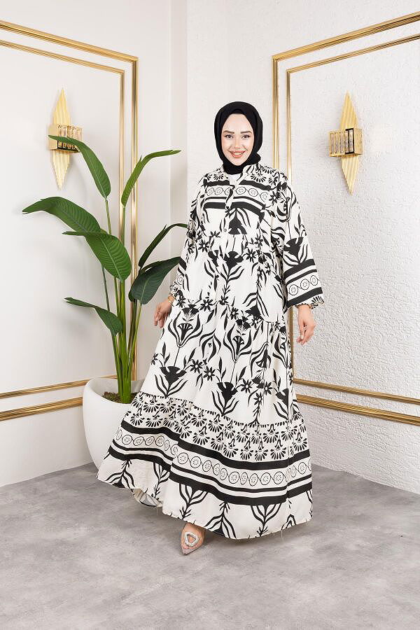 Desenli Tesettür Elbise-3038 Siyah