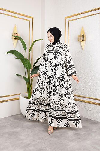 Desenli Tesettür Elbise-3038 Siyah - Thumbnail