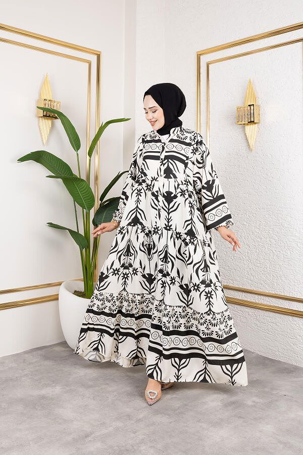 Desenli Tesettür Elbise-3038 Siyah