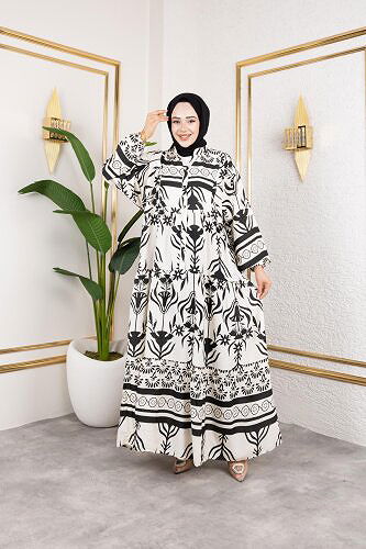 Desenli Tesettür Elbise-3038 Siyah - Thumbnail