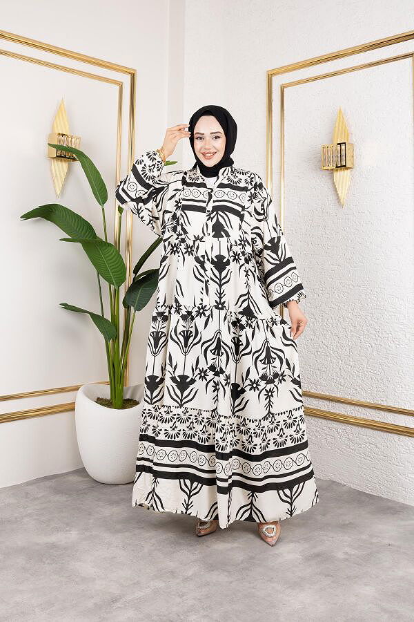 Desenli Tesettür Elbise-3038 Siyah