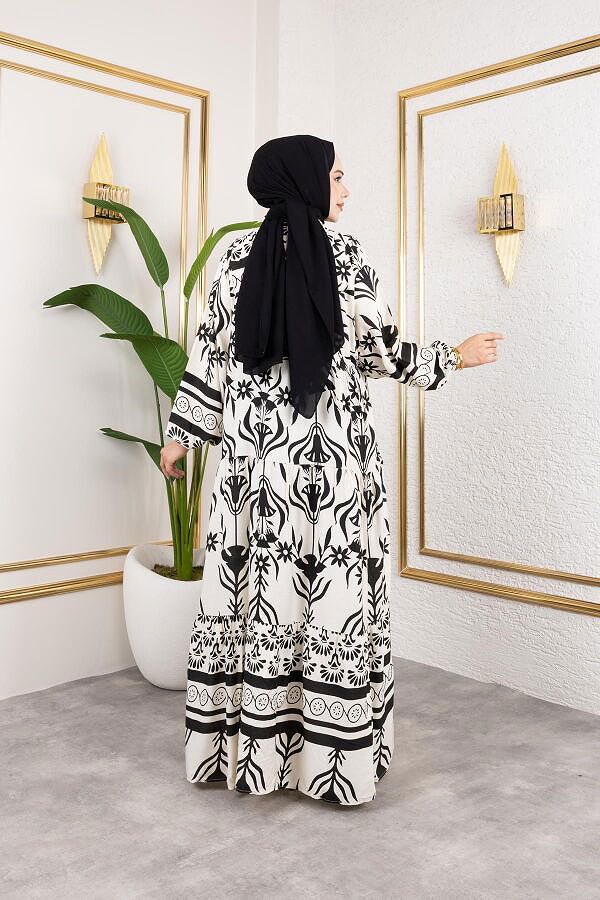Desenli Tesettür Elbise-3038 Siyah
