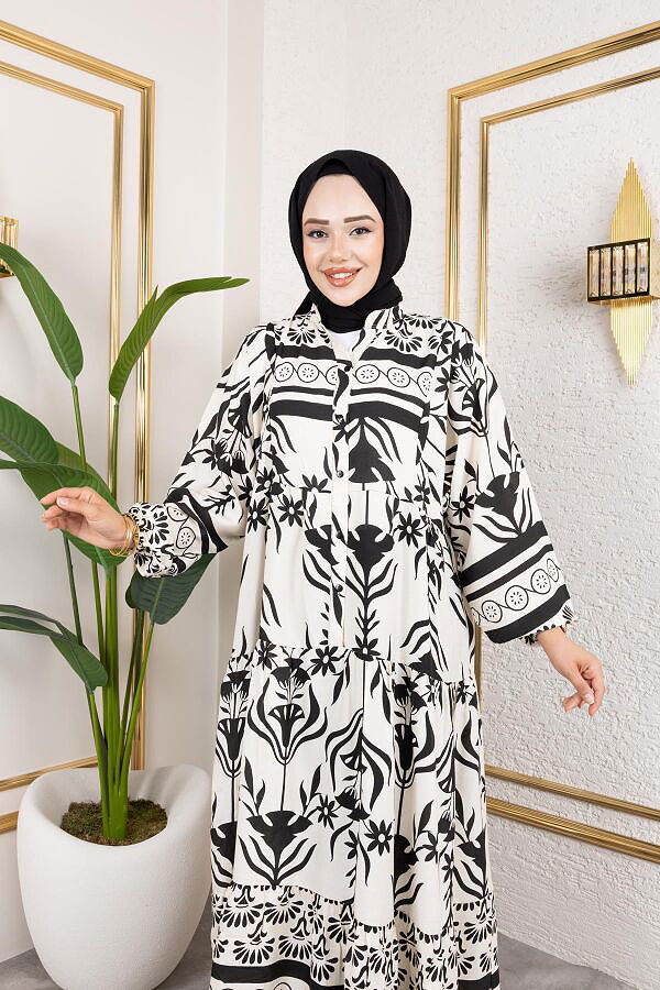 Desenli Tesettür Elbise-3038 Siyah