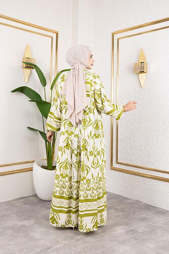 Desenli Tesettür Elbise-3038 Yeşil - Thumbnail