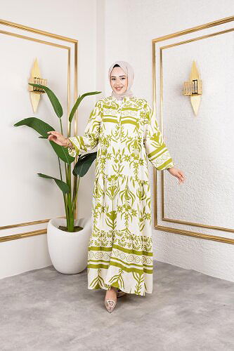 Desenli Tesettür Elbise-3038 Yeşil - Thumbnail