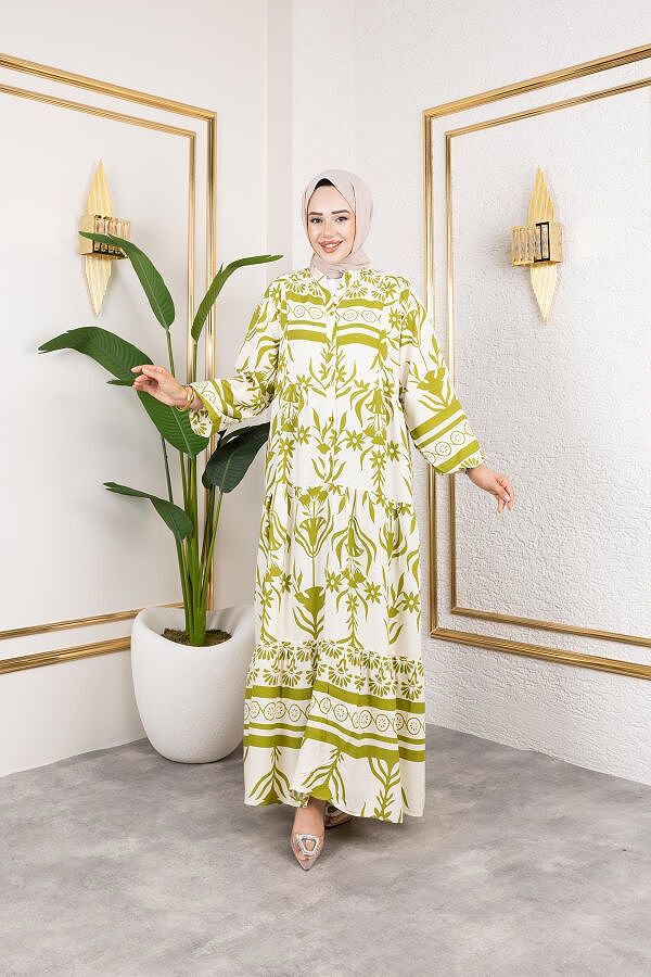 Desenli Tesettür Elbise-3038 Yeşil