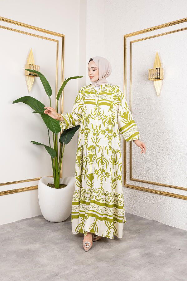 Desenli Tesettür Elbise-3038 Yeşil