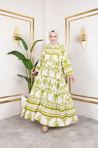 Modaebva - Desenli Tesettür Elbise-3038 Yeşil