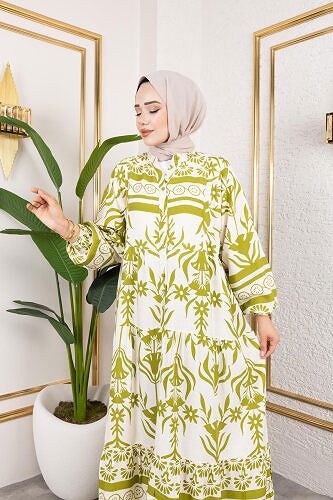 Desenli Tesettür Elbise-3038 Yeşil - Thumbnail