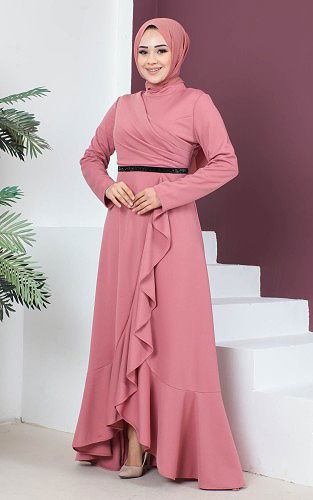 DrapeliTesettür Elbise-3134 Gülkurusu - Thumbnail