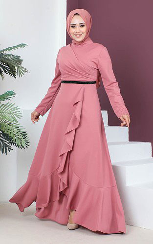 DrapeliTesettür Elbise-3134 Gülkurusu - Thumbnail